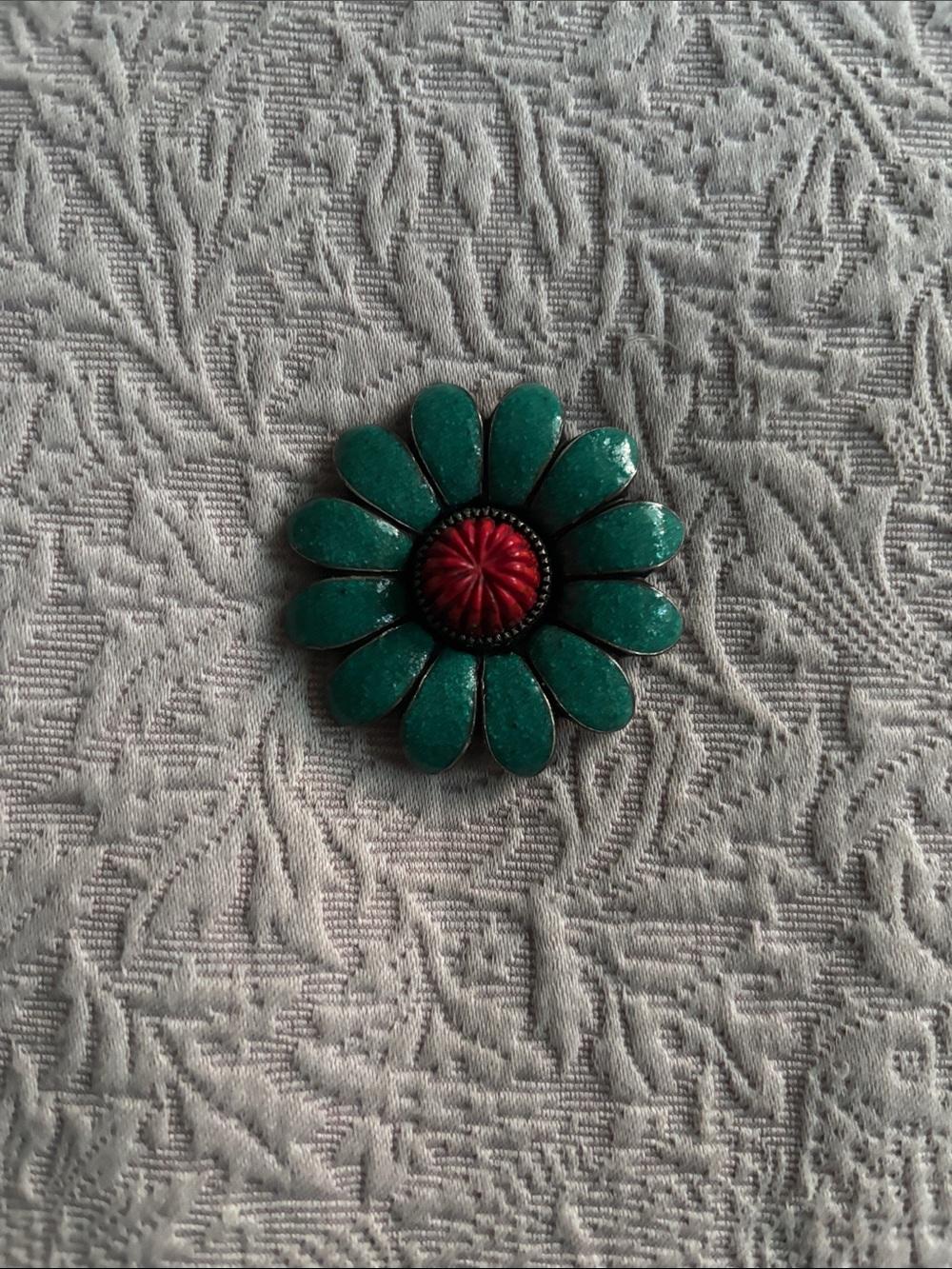 Vintage Turquoise Petal Flower Pin with Red Center - Women Accessories
